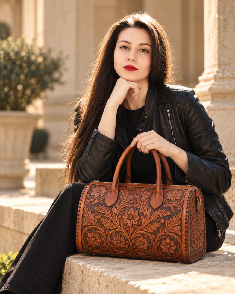 Model holding an embroidered leather bag