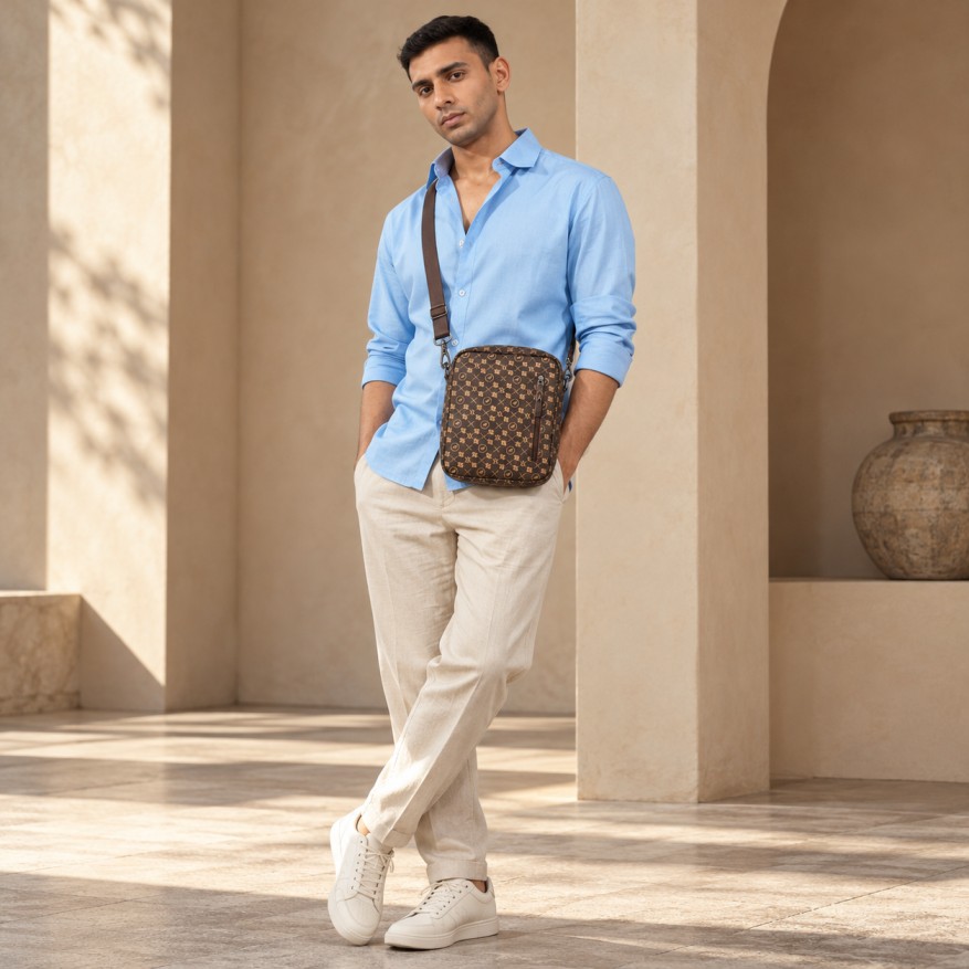 Man carrying a patterned leather crossbody bag