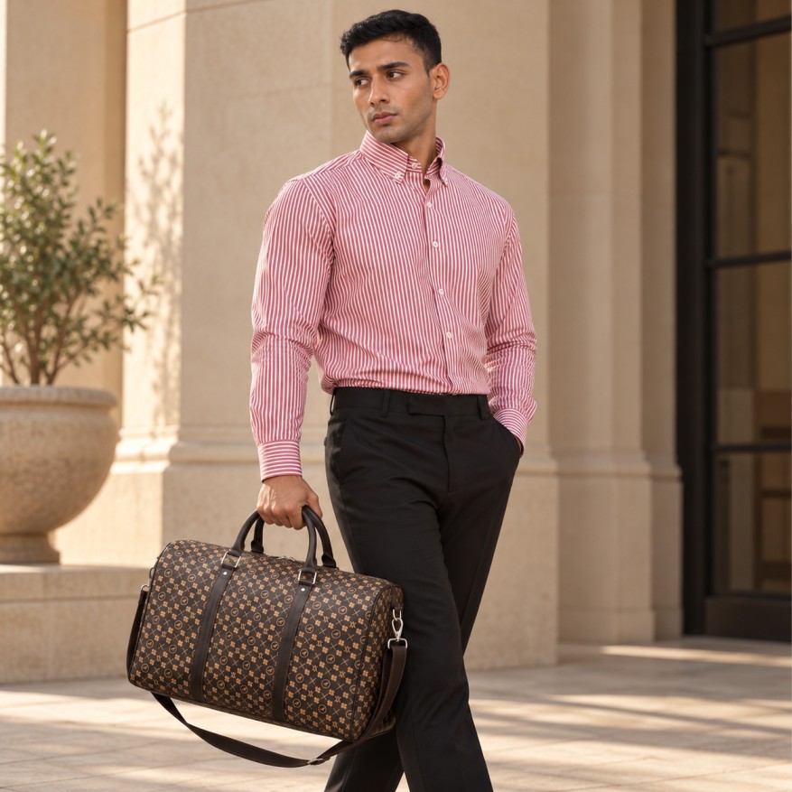 Man carrying a patterned leather duffel bag