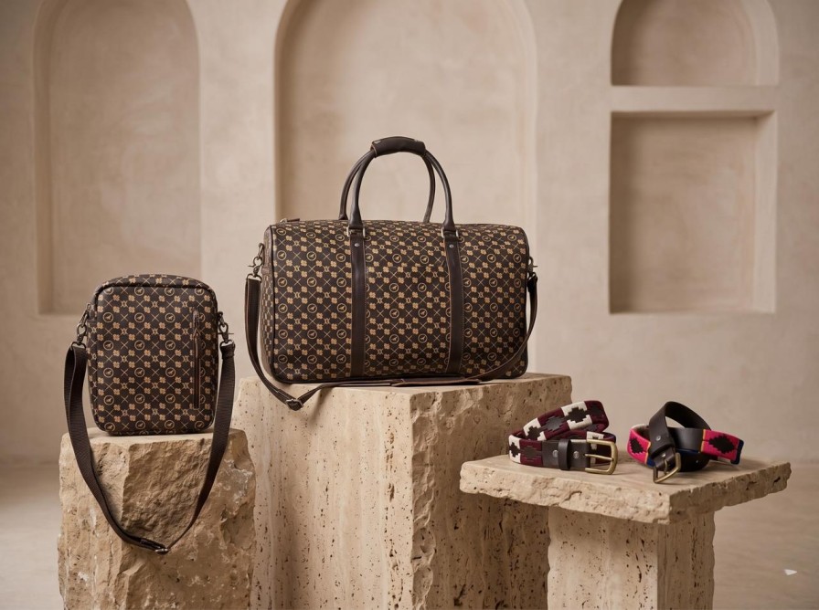 Leather bags and accessories arranged as a product collection