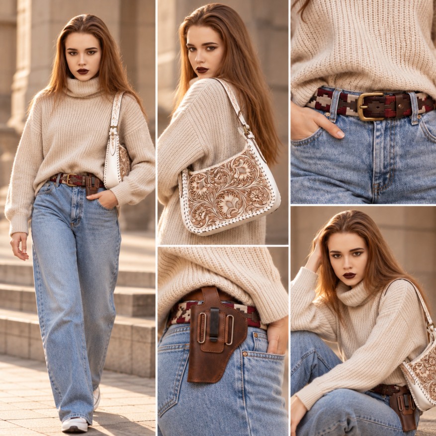 Close views of leather bag styling, patterned accessories and finishing details