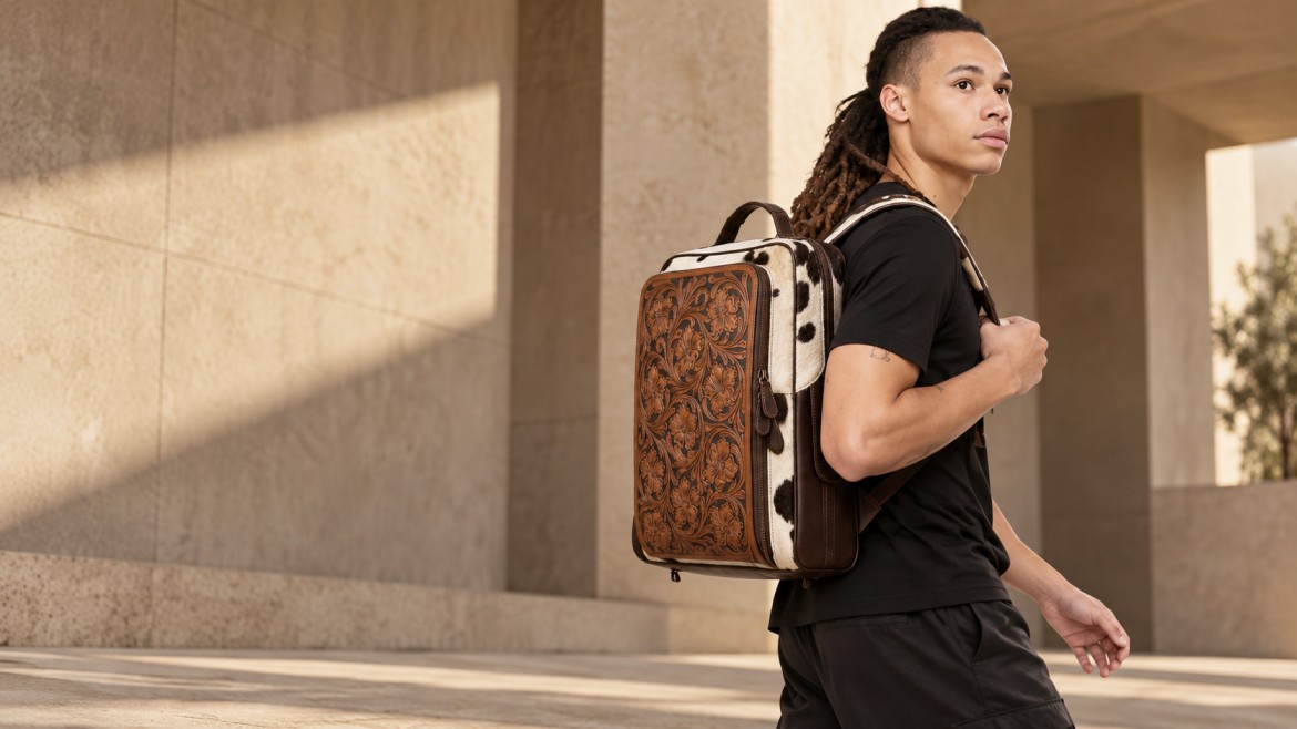 Man modelling a patterned leather backpack